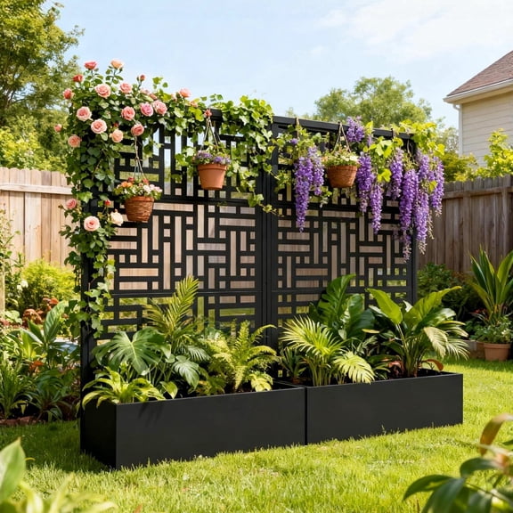 Tolead 70" Metal Planter Box with Trellis, Outdoor Raised Garden Bed with Privacy Screen for Climbing Plants, Trellis Planter Box with Drainage Holes, Metal Planter Box for Patio or Balcony, Black