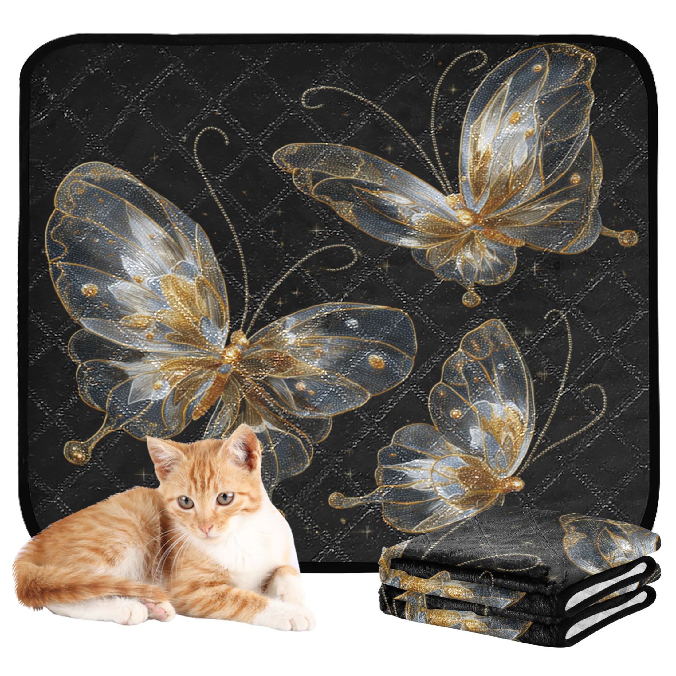 Qxltty Gold Transparent Butterfly Cat litter Pads Pet Set of 2 Diaper Mats Center Anti-leakage Layer Absorbent Soft and Comfortable
