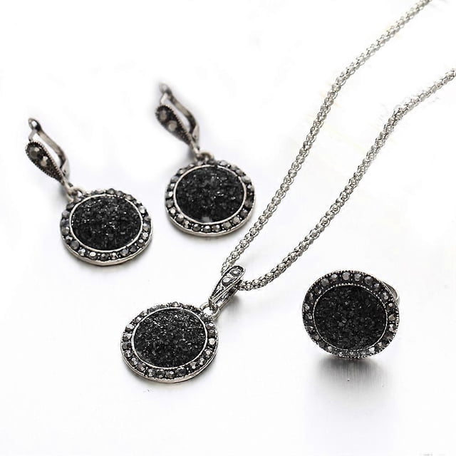 Black Resin Jewelry Set for Women Includes Necklace Ring and Earrings 4 Pieces