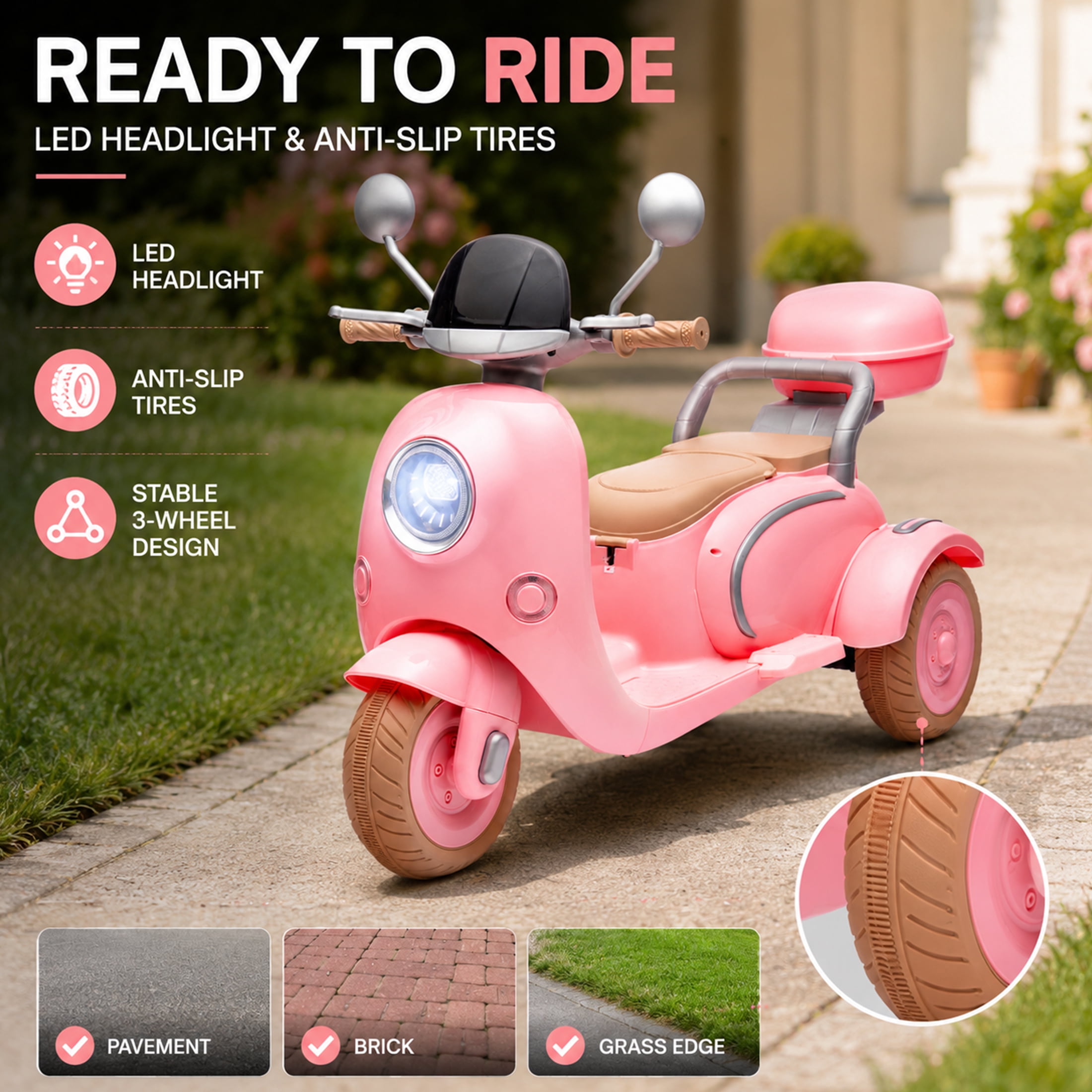 12V Electric Motorcycle for Kids, 2 Seater Battery Power Ride on Motorcycle Toys with Slow Start, LED, Music, USB, 3 Wheel Electric Motorcycle for Boy Girl Birthday Gift, Pink