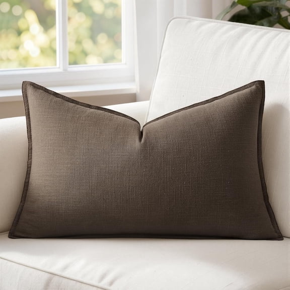 Decorative Linen Lumbar Pillow Cover 12x20 Inch Dark Coffee, Soft Durable Cushion Case for Sofa Bed