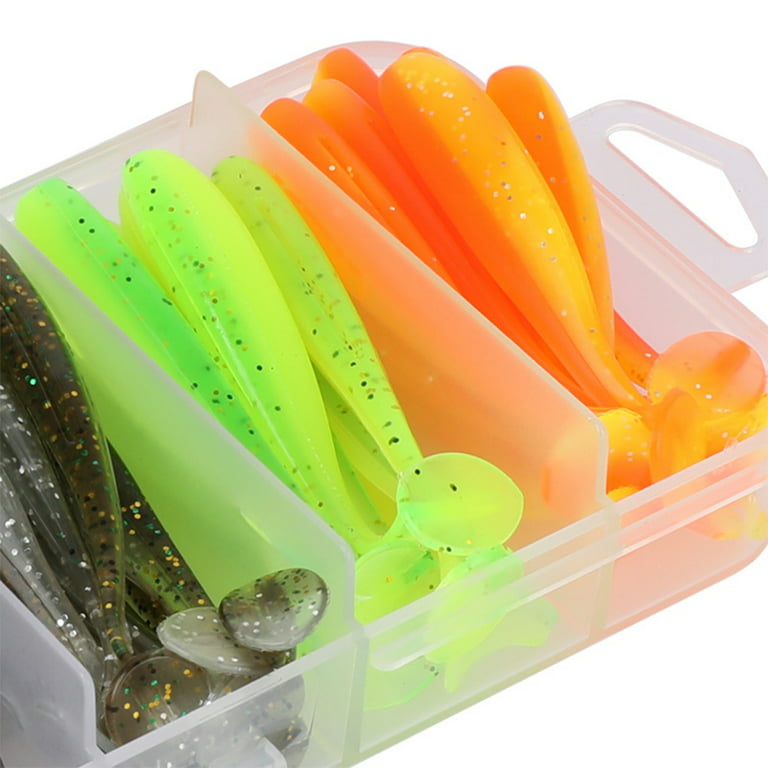 50 Pcs Fishing Soft Lure Plastic T Tail Bait Artificial Worm Swimbait for  Bass Trout Walleye Fishing Lures Kit w/ Box