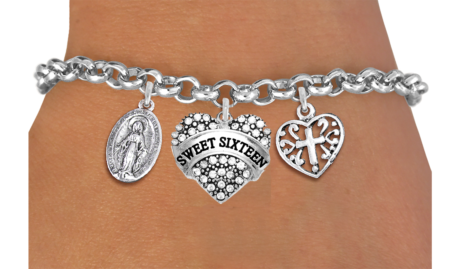 Sweet Sixteen Adjustable Bracelet, Will Fit Everyone. Nickel, Lead, And Cadmium Free. Miraculos Virgin Mary, Genuine Austrian Crystal Sweet Sixteen, Scroll Cross Wthin A Heart Charms. ©2023