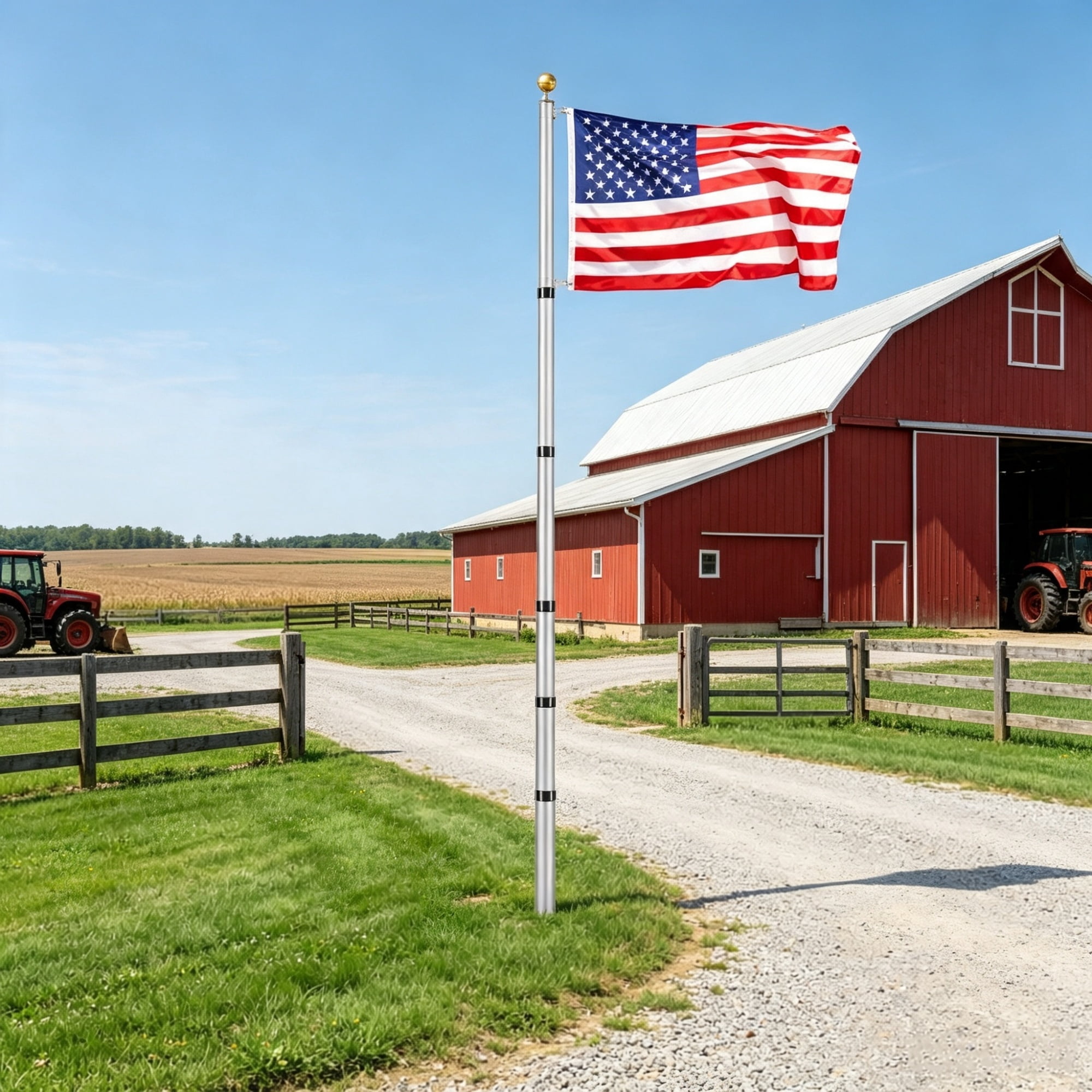 30FT Telescoping Flagpole Kit, Heavy Duty Aluminum In-Ground Flag Pole with 3 Display Modes, Includes 3x5 American Flag & Professional Accessories, Silver