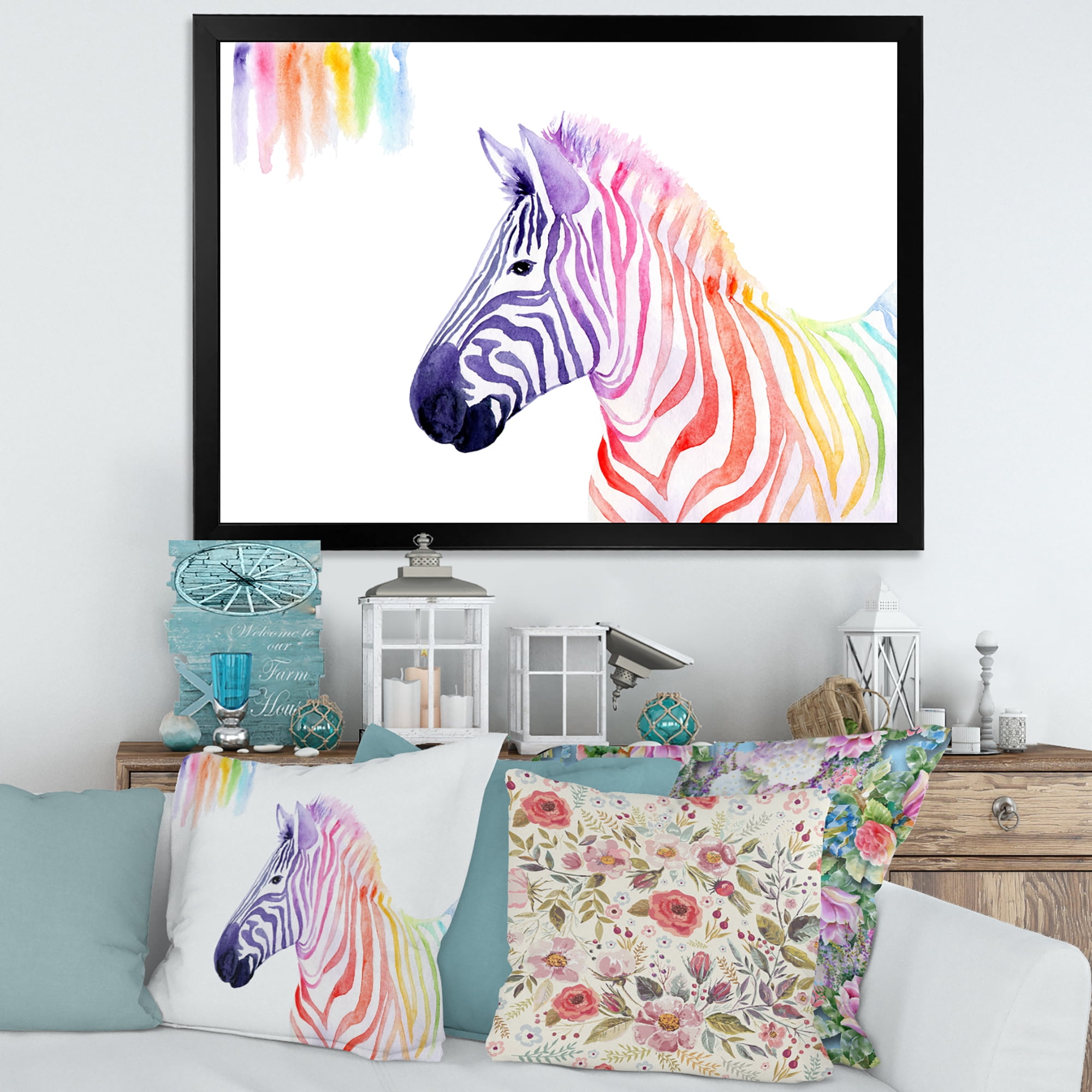 Designart 'Portrait of Rainbow Zebra On White' Farmhouse Framed Art Print