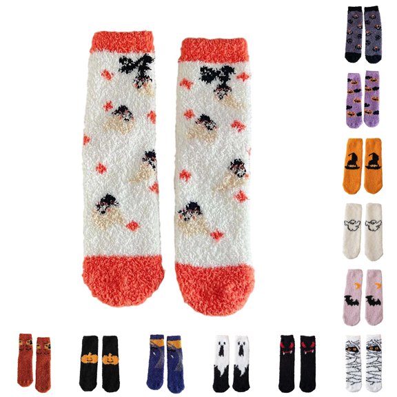 Kinet Halloween Fuzzy Socks For Women Men Crew Socks Pumpkin Ghost Pattern Halloween Gift Fall Winter Warm Soft Festival Party Lounging Home Socks,Orange