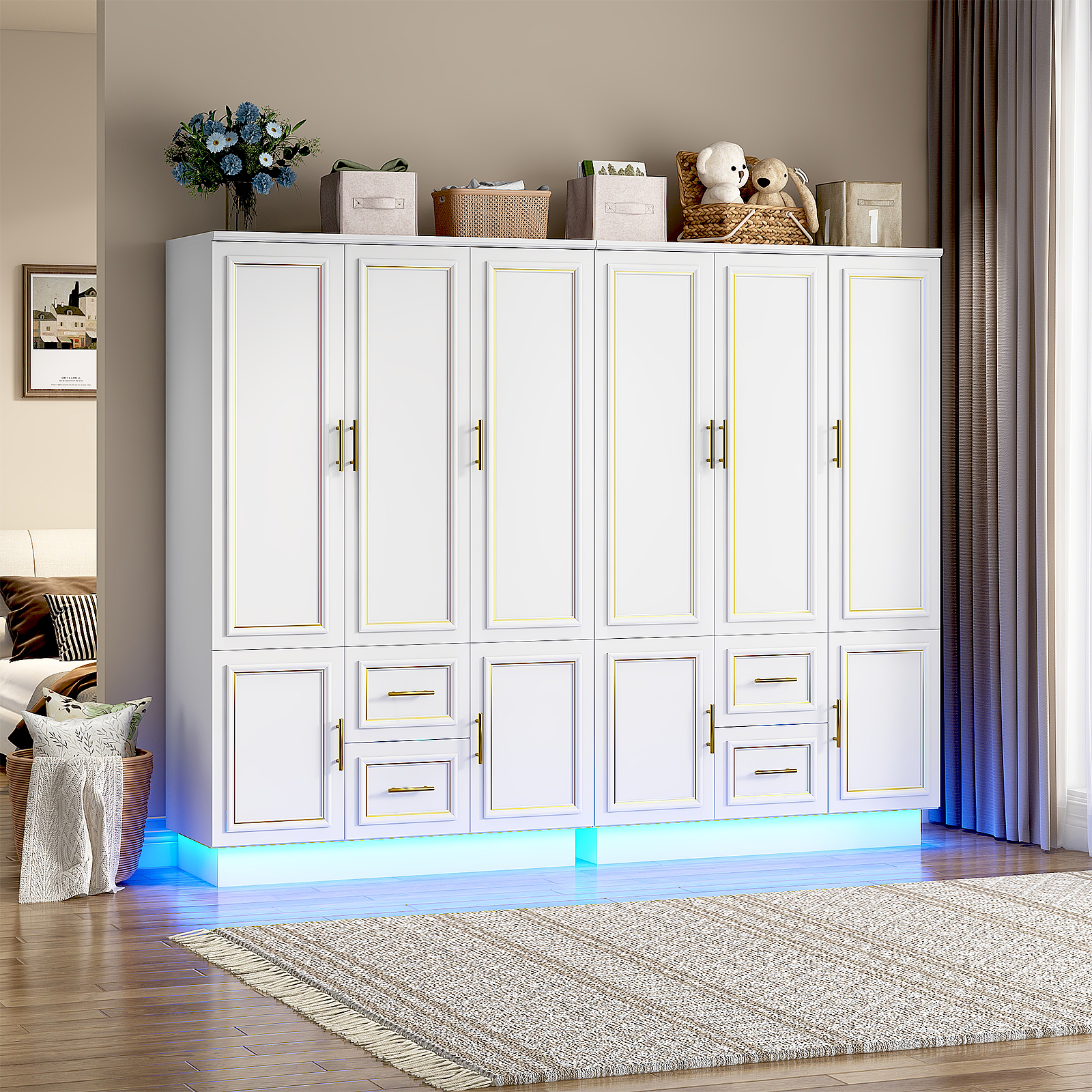 Blotout 75" Tall 3 Doors Armoire Wardrobe Closet with LED Lights, LED Armoire with Doors and Drawers, Wooden Armoire Storage Cabinet with Hanging Rod, Adjustable Shelves