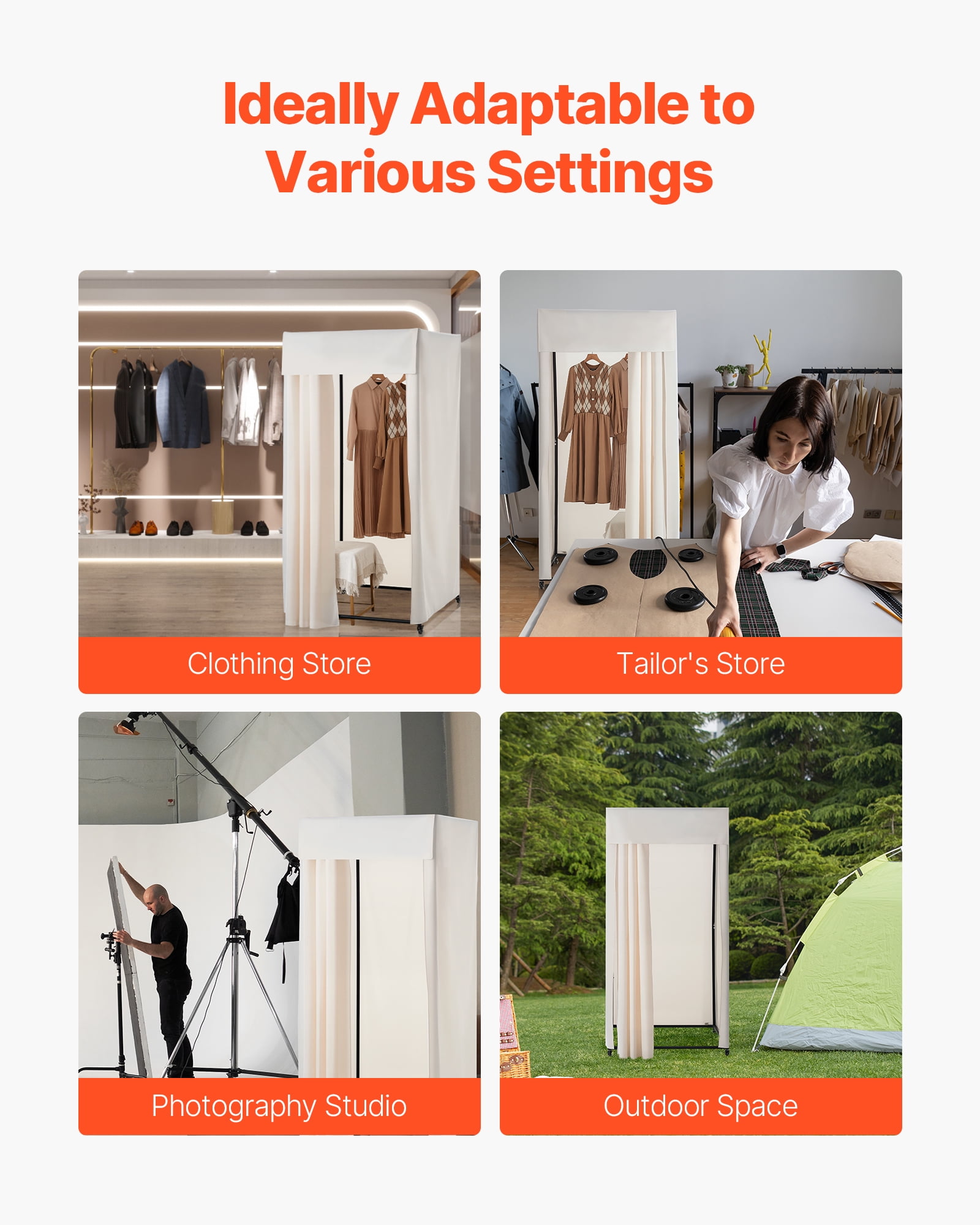 VEVOR Fitting Room, Moveable Dressing Room with Thick Curtains, Privacy Space with Casters and a Sturdy Metal Hook, for Boutique, Mall, Tailor's Store & Outdoor (39 x 39 x 81 in, Black and Beige)
