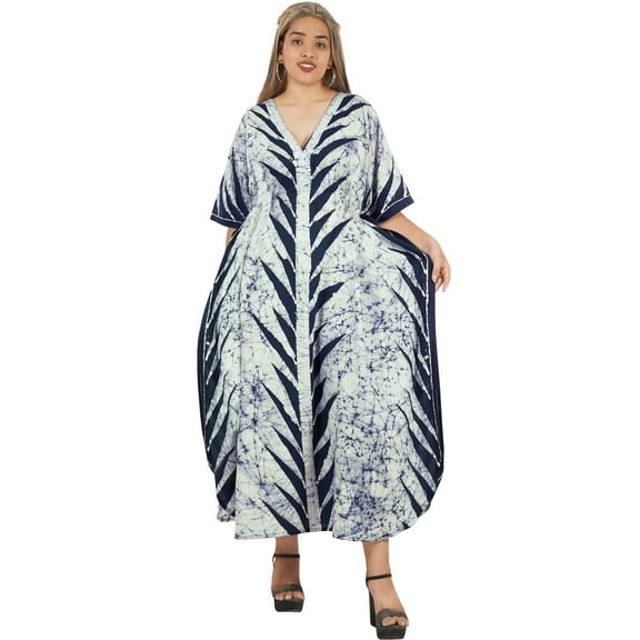 HAPPY BAY Women's Summer OverSize Caftan Long House Sleep Shirt Loungewear Dashiki Dresses for Women 2X-3X Navy, Leaves