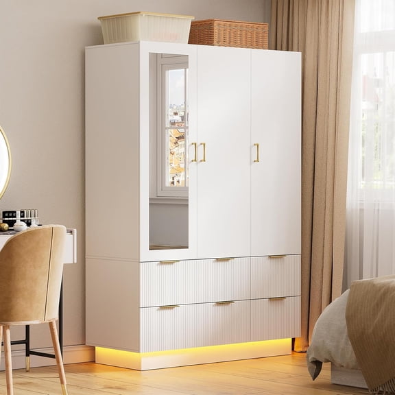 PakaLife Modern 70" Tall 3Door Modern Armoire Wardrobe Closet with Mirror, 6Drawer, LED Lights, Hanging Rod, White