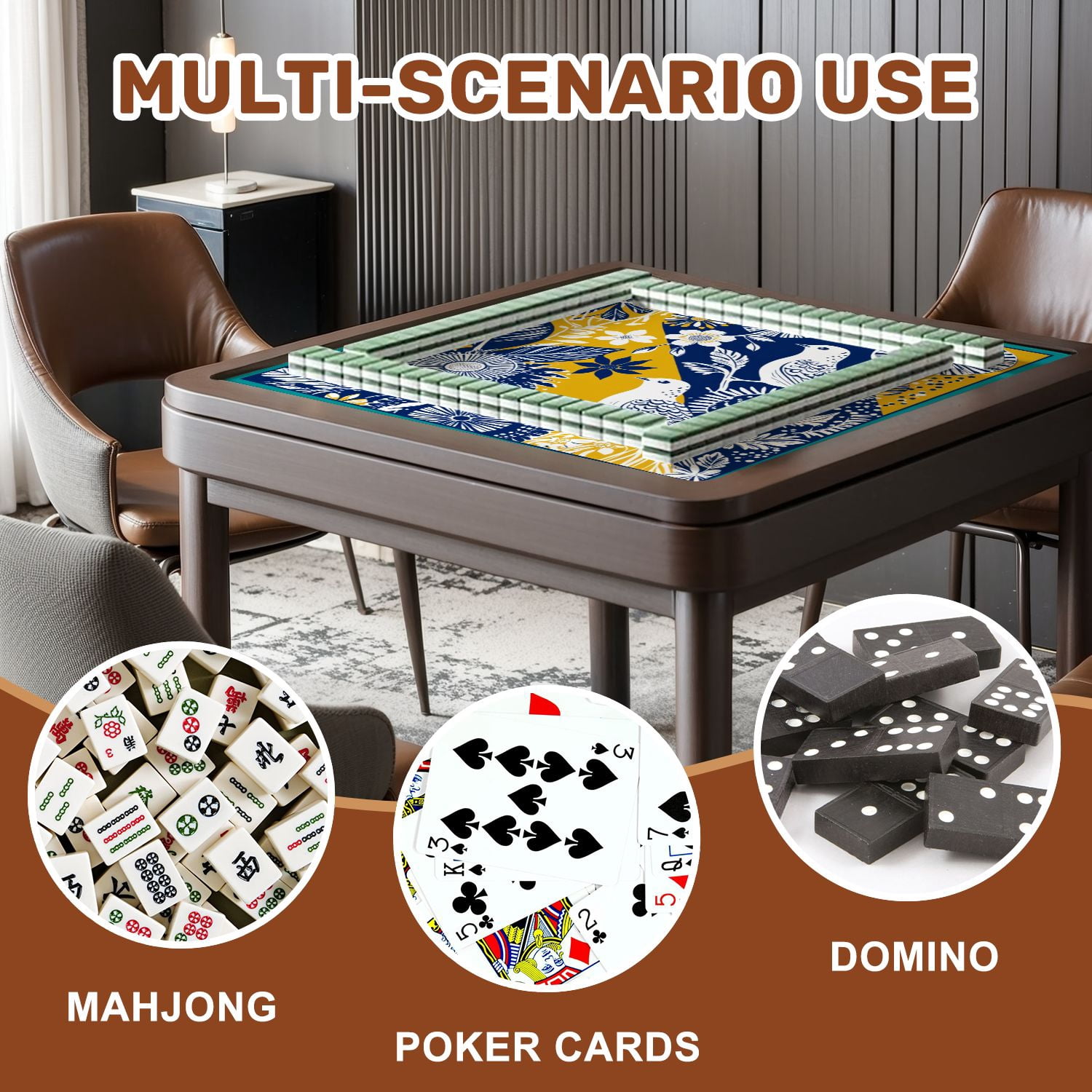 Mahjong Mat 31.5" x 31.5" Floral Bird Design Blue Yellow Abstract Elements Non-Slip Noise Reduction American Mahjong Tiles Table Cover for Dominoes Poker Card Board Games Gift