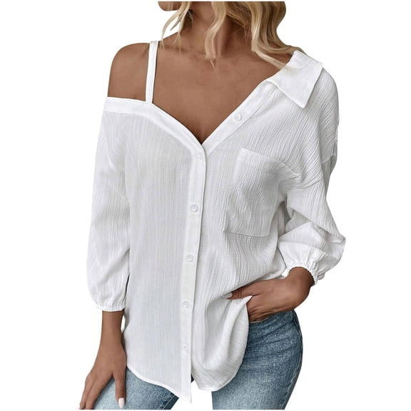 Timegard Spring Tops for Women 1 Shoulder Deep V Neck Button 3/4 Sleeve Casual Loose Shirts Fashion