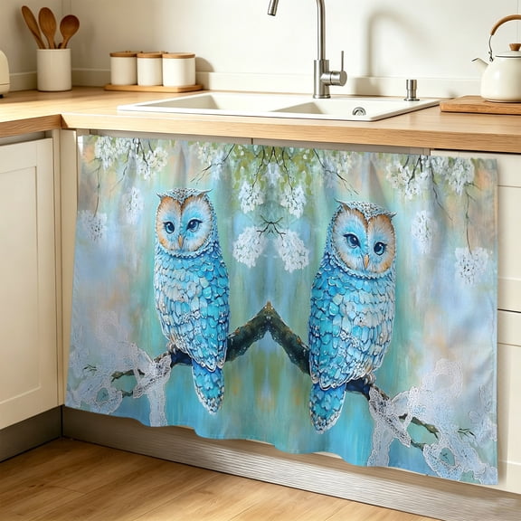 Blue Owl Cabinet Curtains for Shelves, Watercolor Flower Bird on Branch Privacy Curtain for Closet Self Adhesive, Dust-Proof Drapes for Closet Storage Room Classroom Doorway, 32"W x 55"L