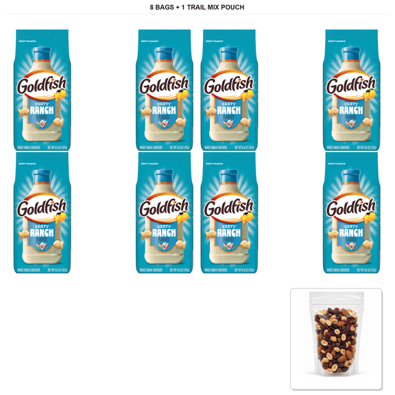 Goldfish Zesty Ranch Flavored Crackers, 8 Bags x 6.6 oz with 1 Bybies Trail Mix Pouch, 2 oz