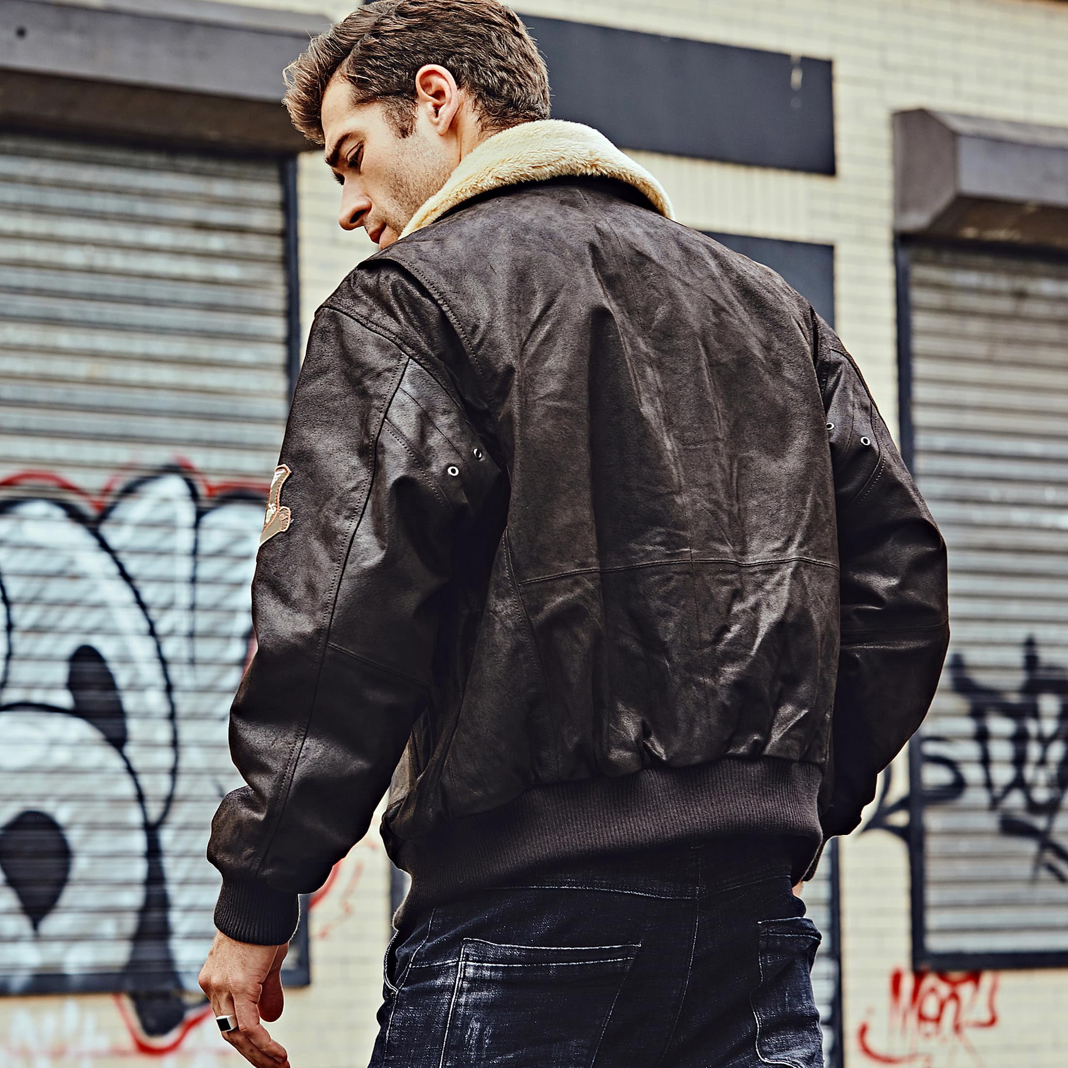 FLAVOR Men's Real Leather Bomber Jacket with Removable Collar Aviator (S, Dark Brown)