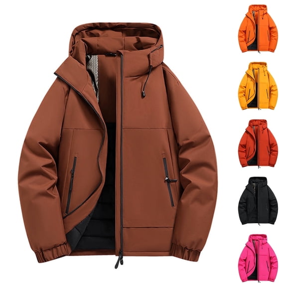 Txeol Jacket Men Rain Jackets Drawstring Hoodie Fleece Lined Zip Up Outdoor Warm Coats Winter Thicken Hiking Windbreaker,Orange,3XL