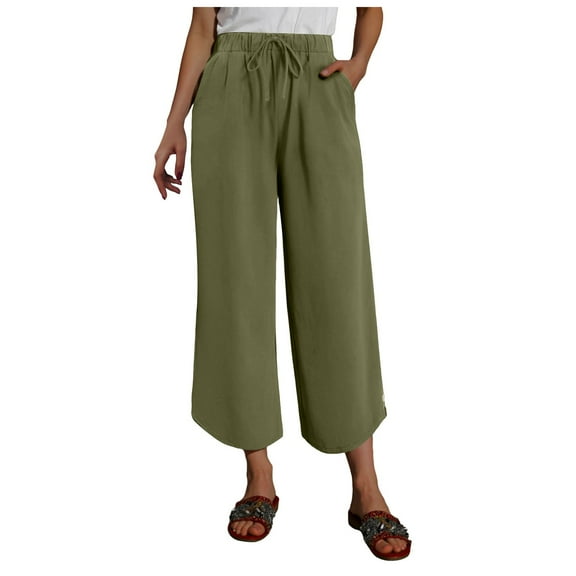 GEWSEY Womens Capri Pants Loose High Waisted Wide Leg Lounge Pants Drawstring Casual Palazzo Trousers with Pockets Army Green, XL