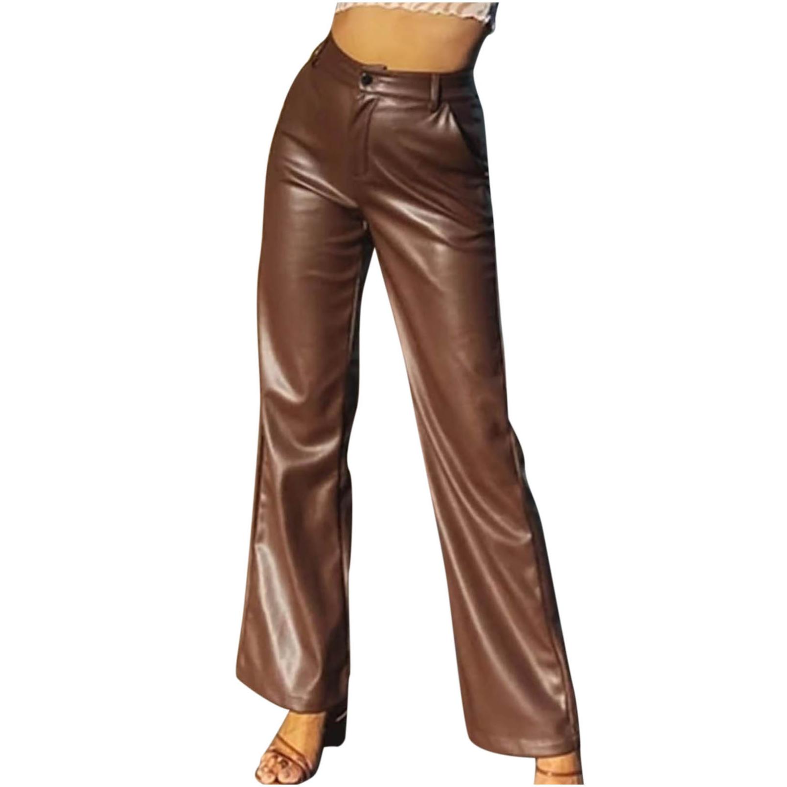Oksale Faux Leather Pants for Women High Waisted Leggings Pants Wide Leg PU Pants Solid Color Trousers with Pockets 2025 Brown XL