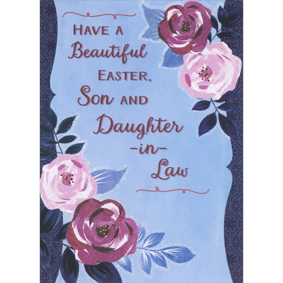 Designer Greetings Have a Beautiful Easter: Pink and Purple Floral Borders on Blue Easter Card for Son and Daughter-in-Law