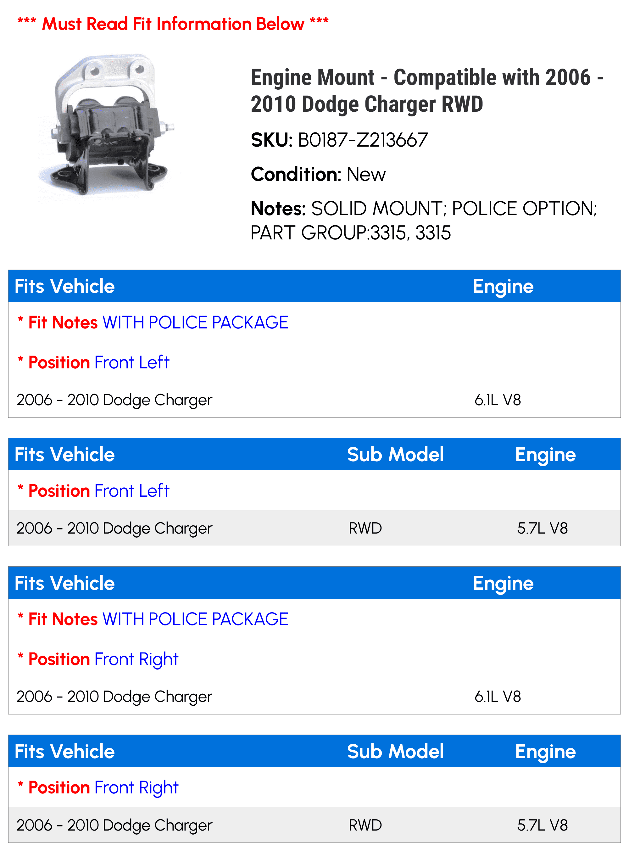 Engine Mount - Compatible with 2006 - 2010 Dodge Charger RWD 2007 2008 2009