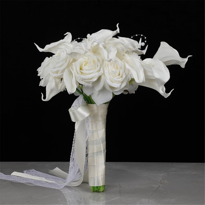 Elegant White Artificial Flower Bouquets For Bridal Party Decorations Gift Silk Calla Lilies Rose Bridal Accessory