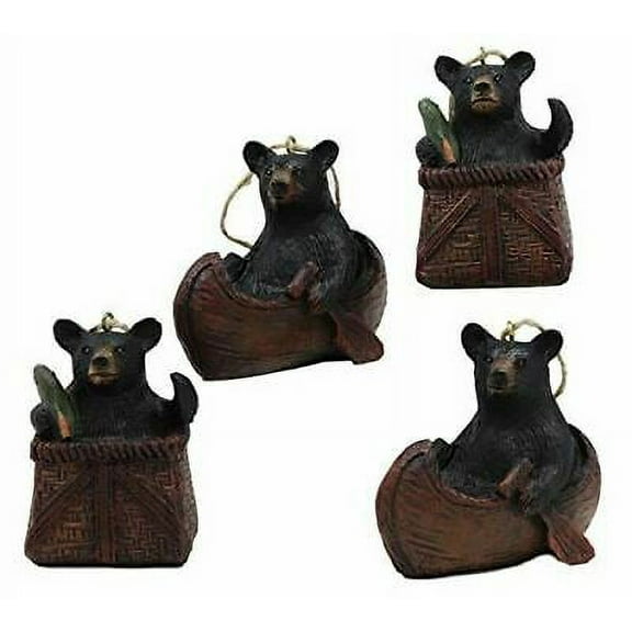 Ebros Western Set of 4 Black Bears In Canoe & Basket Christmas Ornament