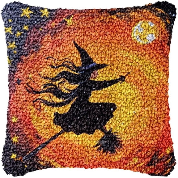 Halloween Pattern Latch Hook Throw Pillow Kits for Adults and Starter DIY Cushion Pillowcase Cross Stitch Latch Hook Rug Kits Canvas Crochet Yarn Kits Needlework Crafts 17'' X 17''