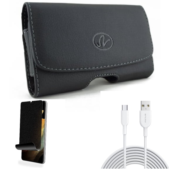 Case Belt Clip & Privacy Screen Protector & 6ft USB-C Cable for Samsung Galaxy S22 Plus (S22 ) - Combo Leather Swivel Holster & TPU Film (Fingerprint) Anti-Peep & Type-C Fast Charger Cord