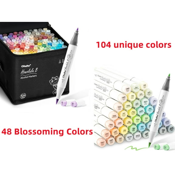 Ohuhu 48 Blossoming Colors & 104 Colors Alcohol Markers-Brush & Fine Dual Tips - Honolulu of Ohuhu Markers
