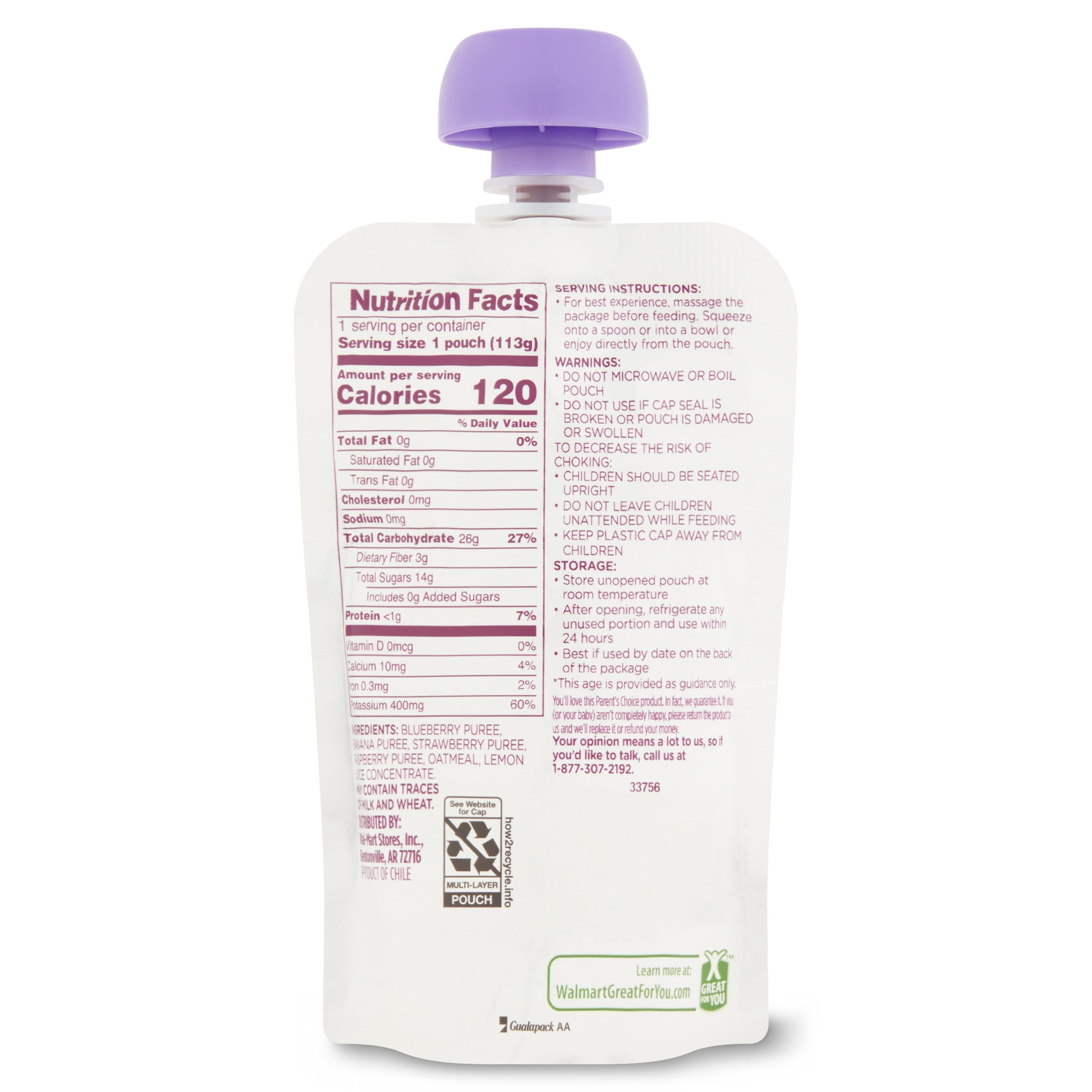 Parent's Choice Berries & Oats Fruit Puree, Stage 2, 4 oz