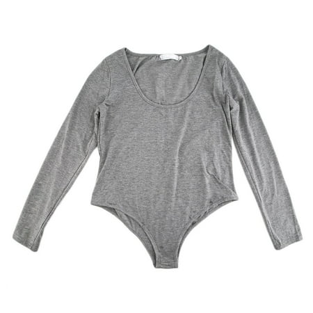 - Women's Deep V Neck Plain Stretch Bodysuit Ladies Long Sleeve with White, Black, Dark Gray, Light Gray color