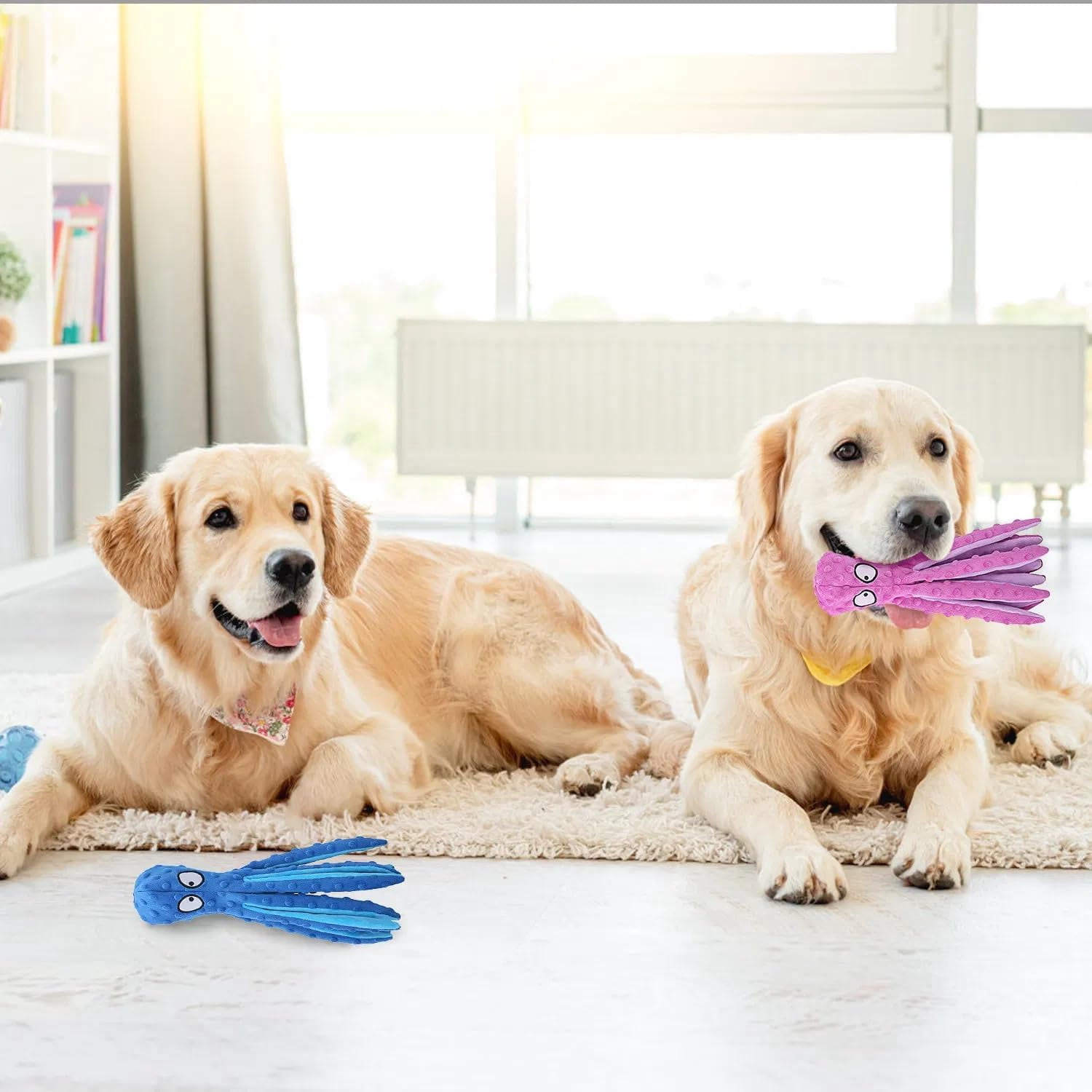 PUPIX 2 Pcs Squeaky Dog Toys No Stuffing Plush Octopus Dog Toy with Crinkle Legs Interactive Dog Teething Training Toy for Puppy Small Medium Large Dogs Stress Relief Chew Play Toys (Blue & Pink)
