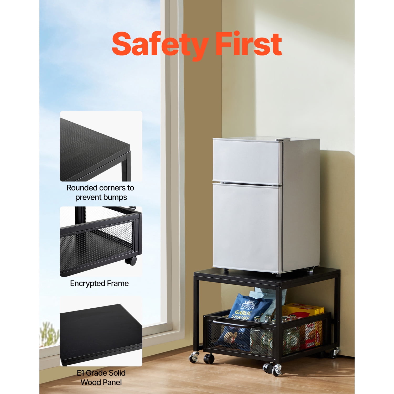 KFFKFF Compact Refrigerator Stand with Storage, Supporting 198 lbs, Portable Fridge Table with Mobile Storage Cart & Rotating Wheels, Drink Cooler Stand for Coffee Station, Small Fridge Holder