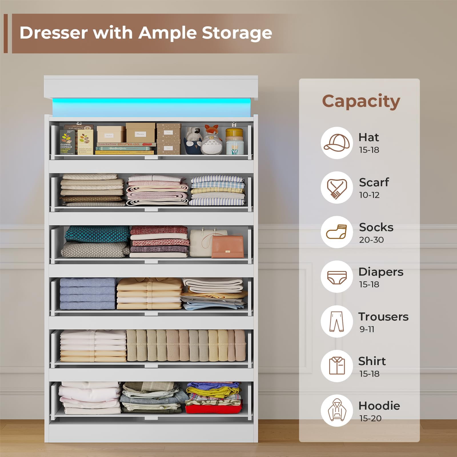Tall 6 Drawer dresser with LED lights,chest of 7 drawers,modern large capacity storage cabinet with deep drawers, White dresser for bedroom, living room