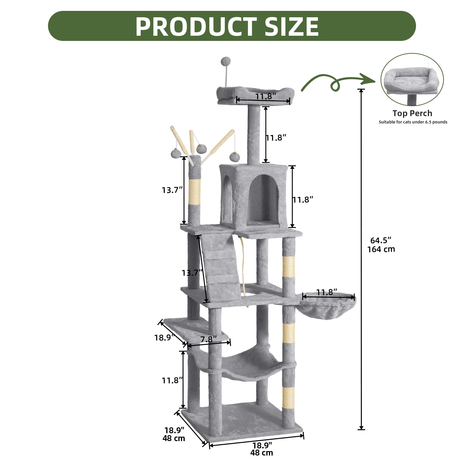 Uforic 64.5" Cat Tree Tower,Multi-Level Play Tower Condo  with Scratching Posts&Perch Hammock for Indoor Cats, Light Gray