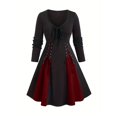 thumbnail image 2 of Halloween Dresses for Women Color Block Medieval Renaissance Waist Strap Dress Long Sleeve V Neck Dress, 2 of 7
