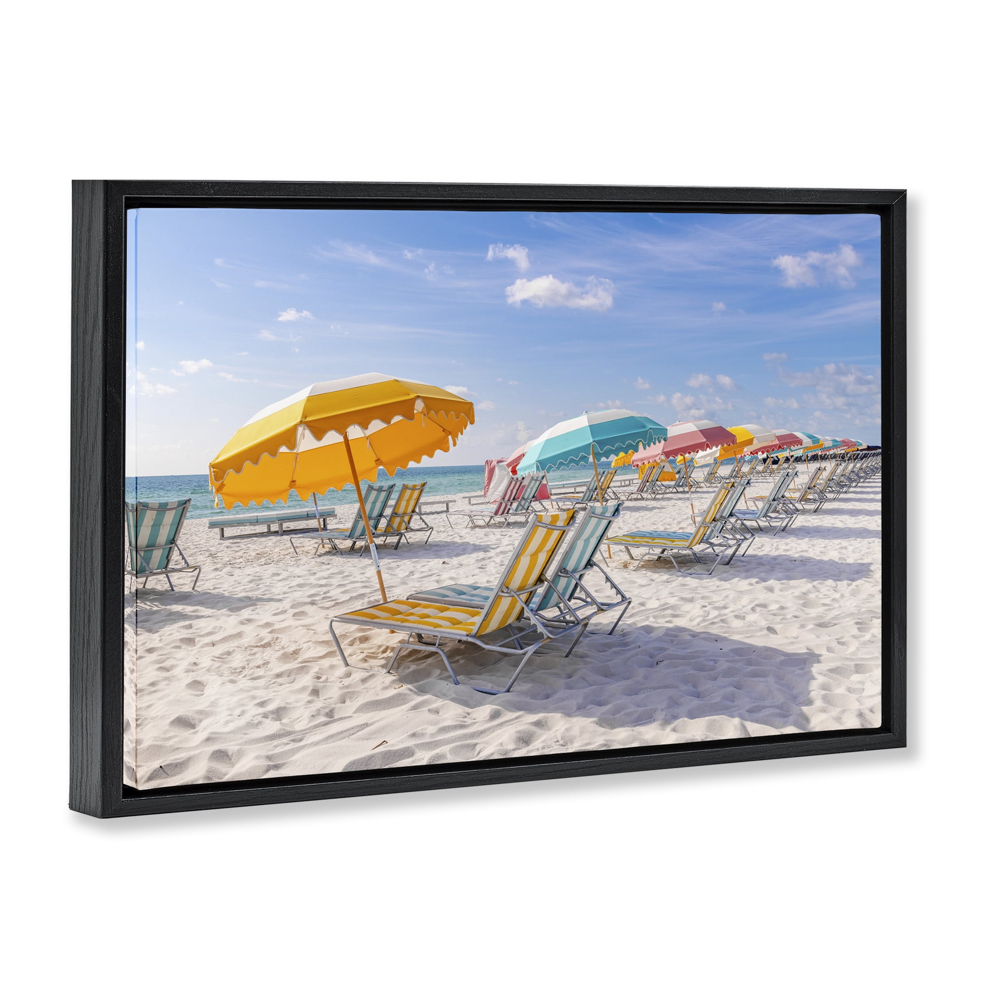 Stupell Industries Striped Umbrellas on Sunny Beach Black Framed Floater Canvas Wall Art, design by Richard Silver