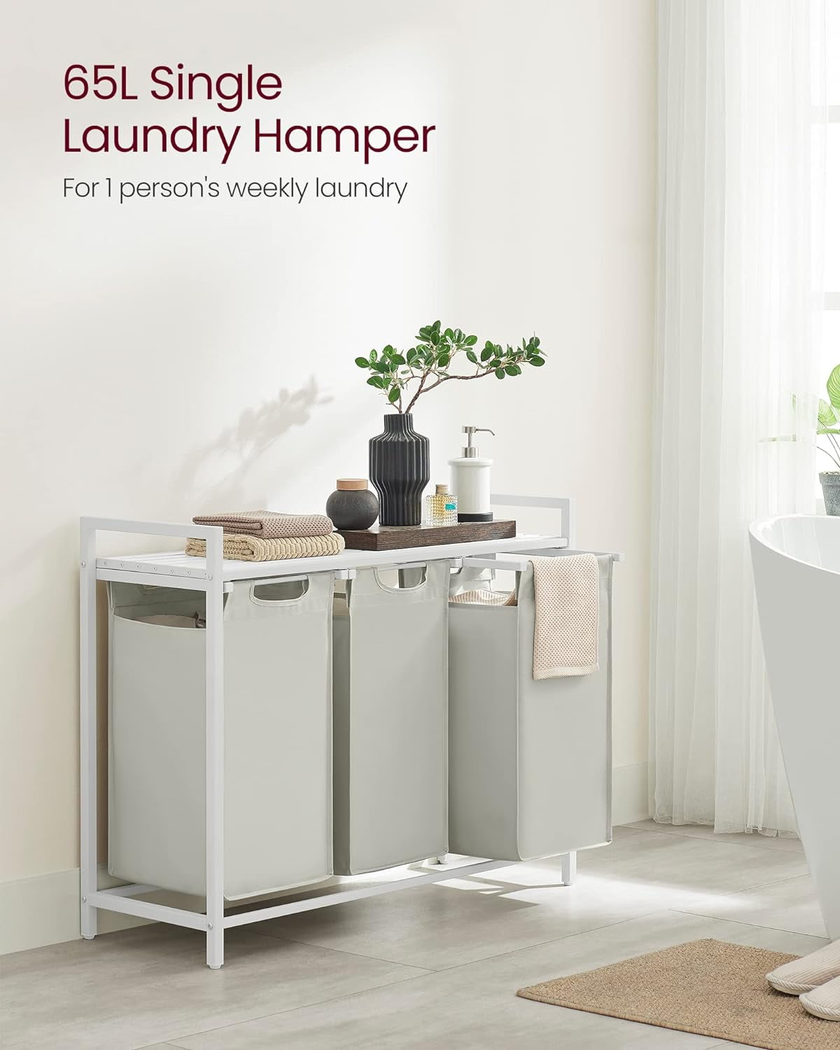 3 Section Laundry Hamper with shelf Laundry Sorter with 3 Pull-Out and Removable Bags for Bathroom Laundry Room White