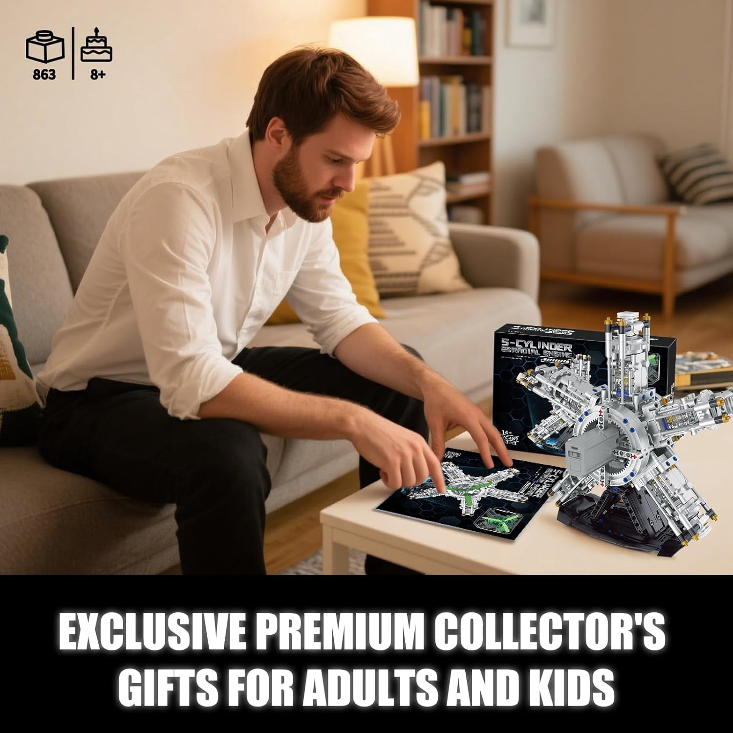 5-Cylinder Radial Engine Building Set, Build Your Own Mini Military Plane Engine Model Kit That Runs, Compatible with Lego WW2, STEM Toy Gifts for Adults & Kids Boys 8-14 (863 PCS)