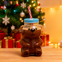 Holiday Bear 18.6oz Glass Cold Cup, 18.6oz, Perfect for Iced Coffee, Cocktails, and Cold Beverages, Christmas Gift for Drink Enthusiasts,(1 Bear Cup with Straw)