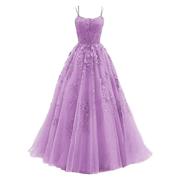 Lace Applique Tulle Prom Dresses Spaghetti Straps Ball Gown Evening Gown (PP1 XS)