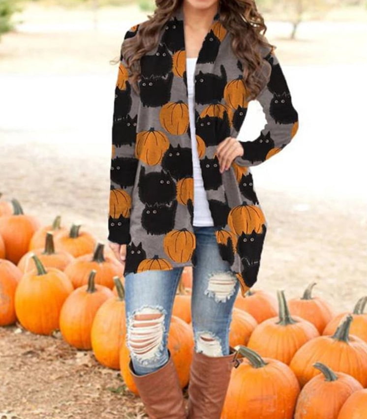 Landi Women's Halloween Cardigan Sweater Skull Pumpkin Black Cat Print Pattern Long Cardigans Sweater Coats Tops, Size: Medium