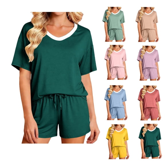 Bixock Pajamas for Women Loungewear Set for Women Solid Color V Neck Short Sleeve Top Short Pants Summer Lightweight 2 Piece Sleepwear