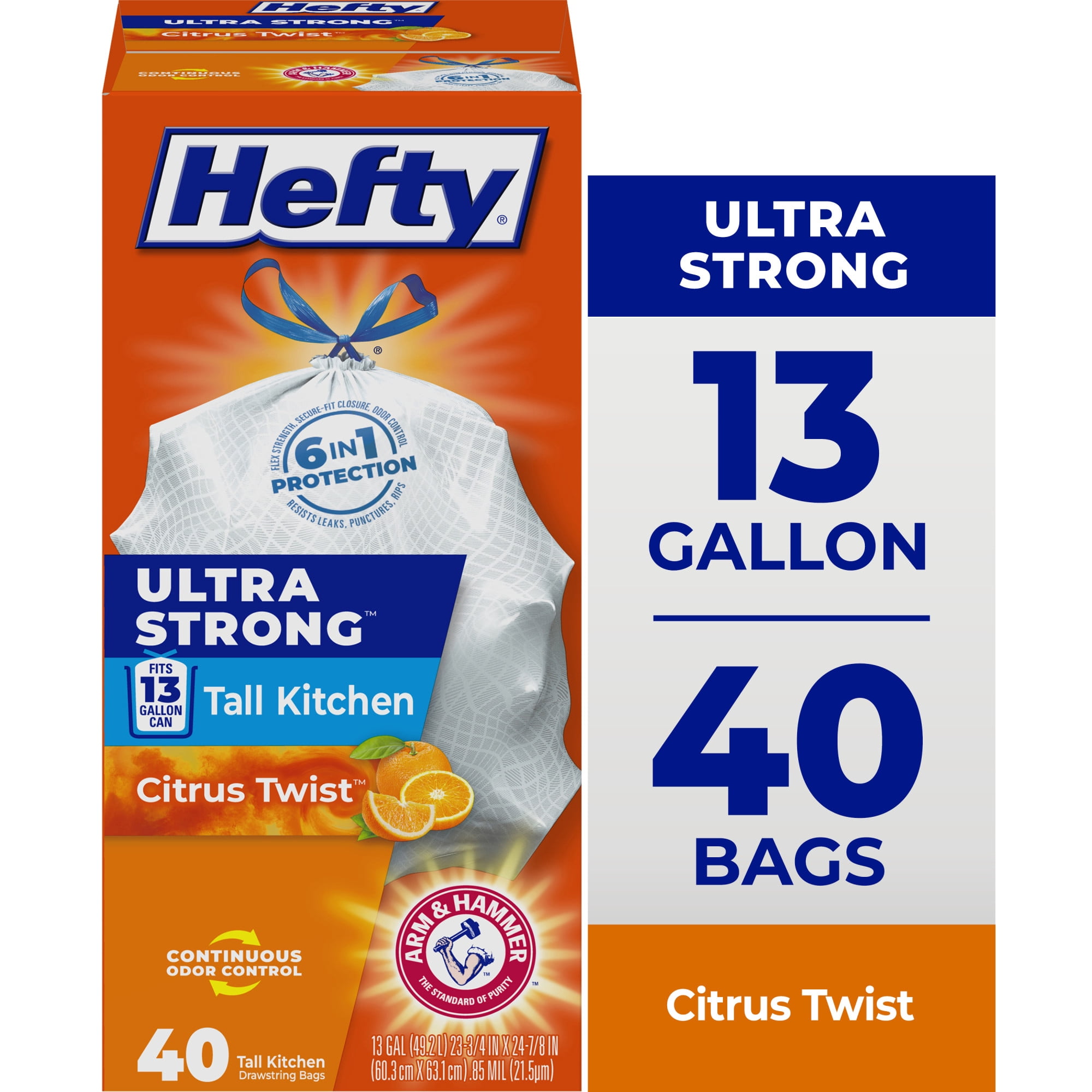(6 pack) Hefty Ultra Strong 13 Gallon Trash Bags, Tall Kitchen Trash Bags, White, Citrus Twist Scent, 40 Bags