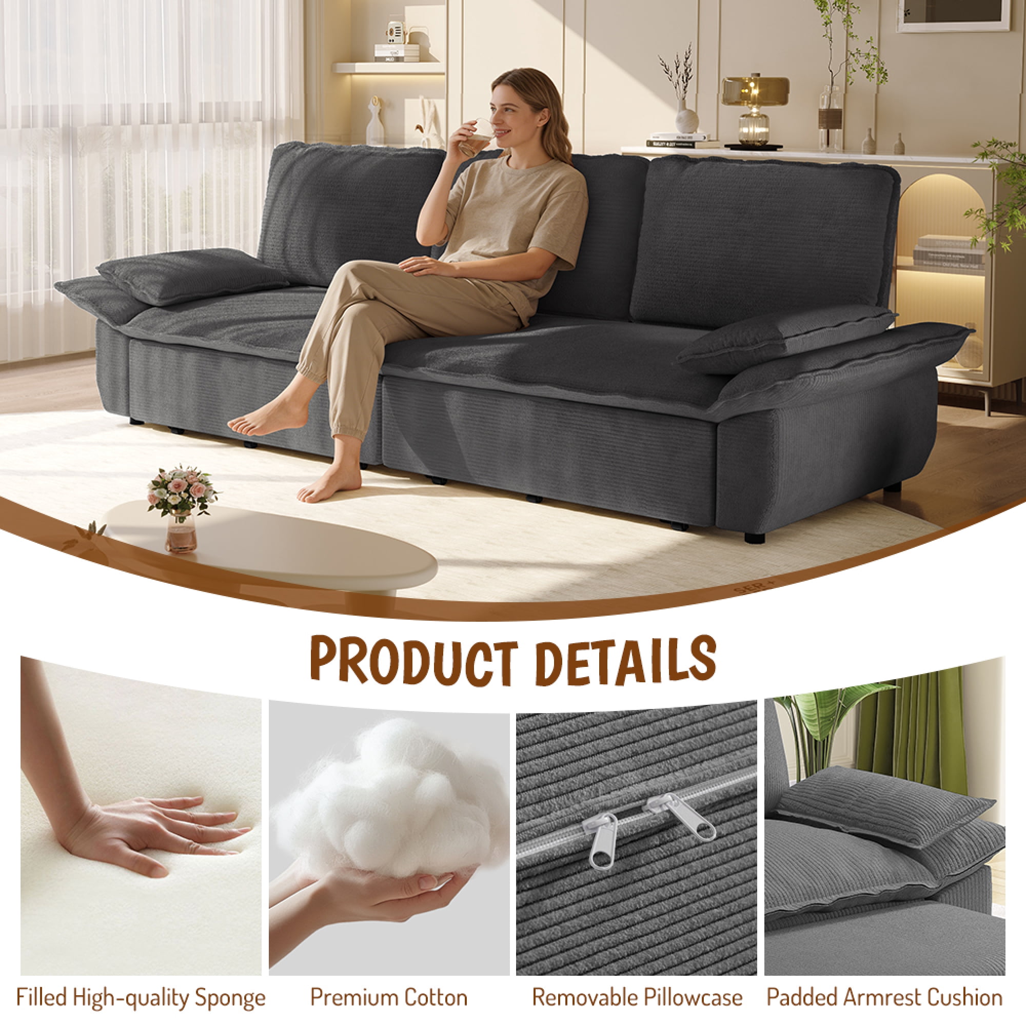 Leumius 94.5" Pull Out Sofa, King Size 3-in-1 Convertible Sleeper Sofa Bed, Multi-Functional Corduroy Bed for Living Room Bedroom Grey