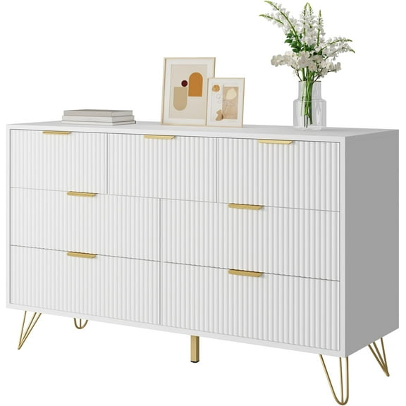 White Dresser for Bedroom, 7 Drawers Dresser with Golden Handles, Modern Wood Chest for Living Room, Hallway, Entryway