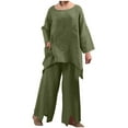 thumbnail image 2 of qILAKOG Women's Autumn Cotton Linen Set Womens Plus Size 2 Piece Lounge Sets Long/Short Sleeve Pockets Shirt and Elastic Waist Wide Leg Pants Sets Streetwear Casual Tracksuit, L&Green, 2 of 7