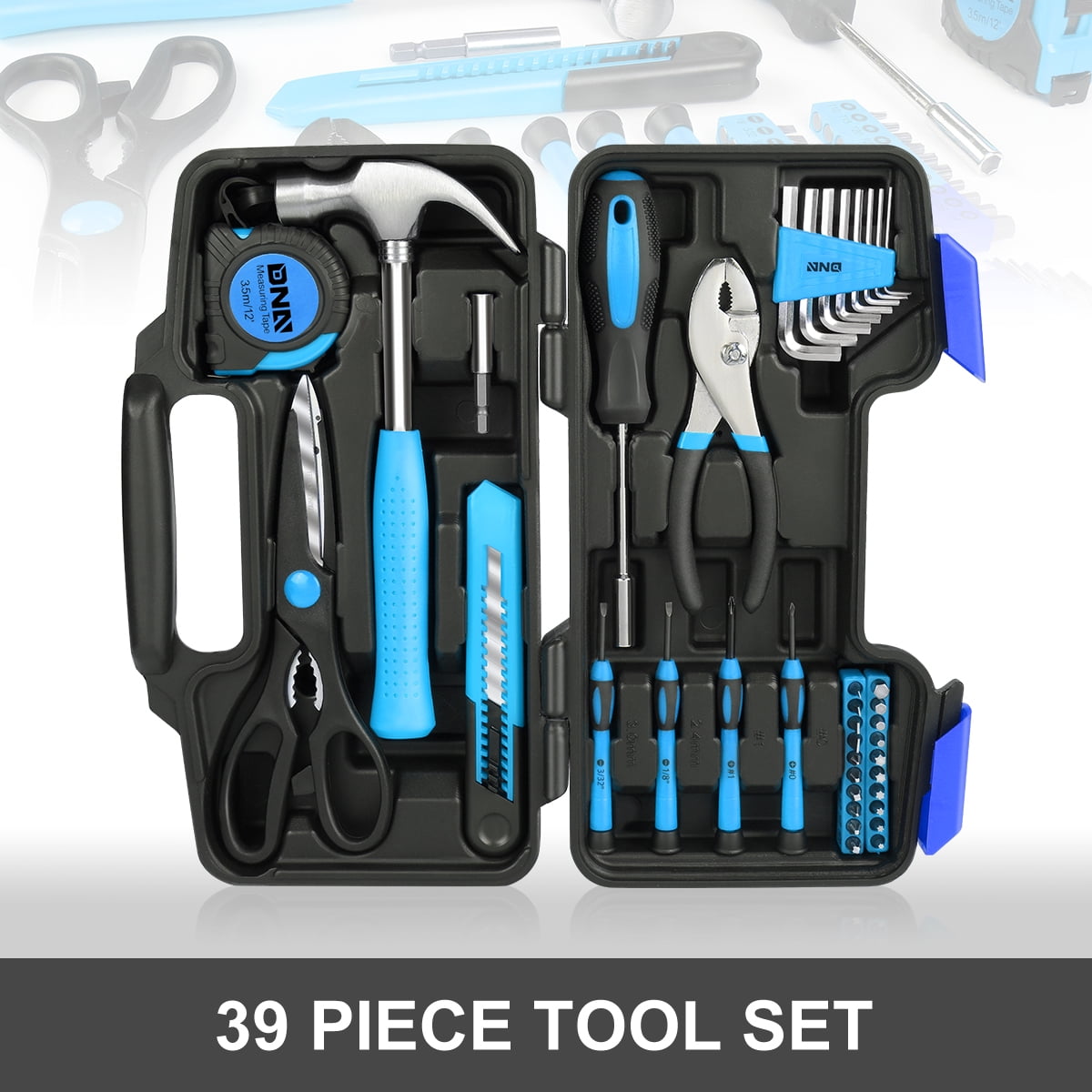 DNA Motoring 39-Piece Portable Tool Kit with Screwdriver, Pliers, Hammer, and Hex Set for Household Repairs
