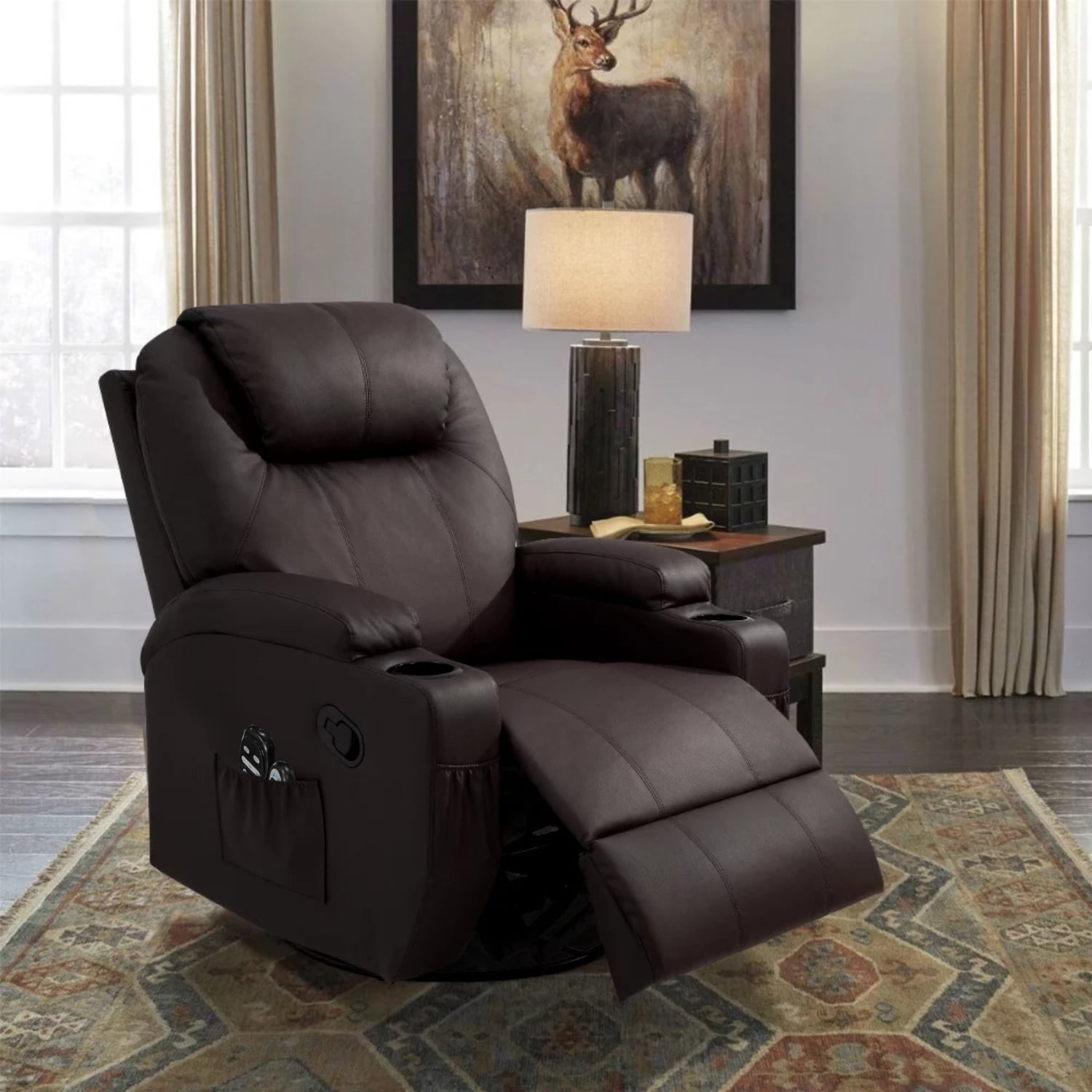 Lacoo Swivel Rocker Recliner with Massage, Brown Faux Leather