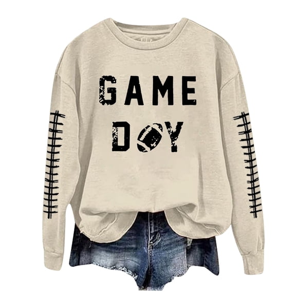 Women Fall Sweatshirts Oversize Rugby Letter Graphic Football Long Sleeve Crew Neck Athletic Outfits Trendy Beige